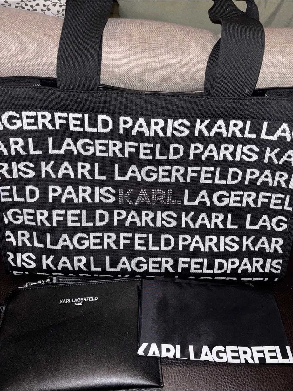 Karl Lagerfeld Black & White Logo Canvas Messenger Tote with Pouch
